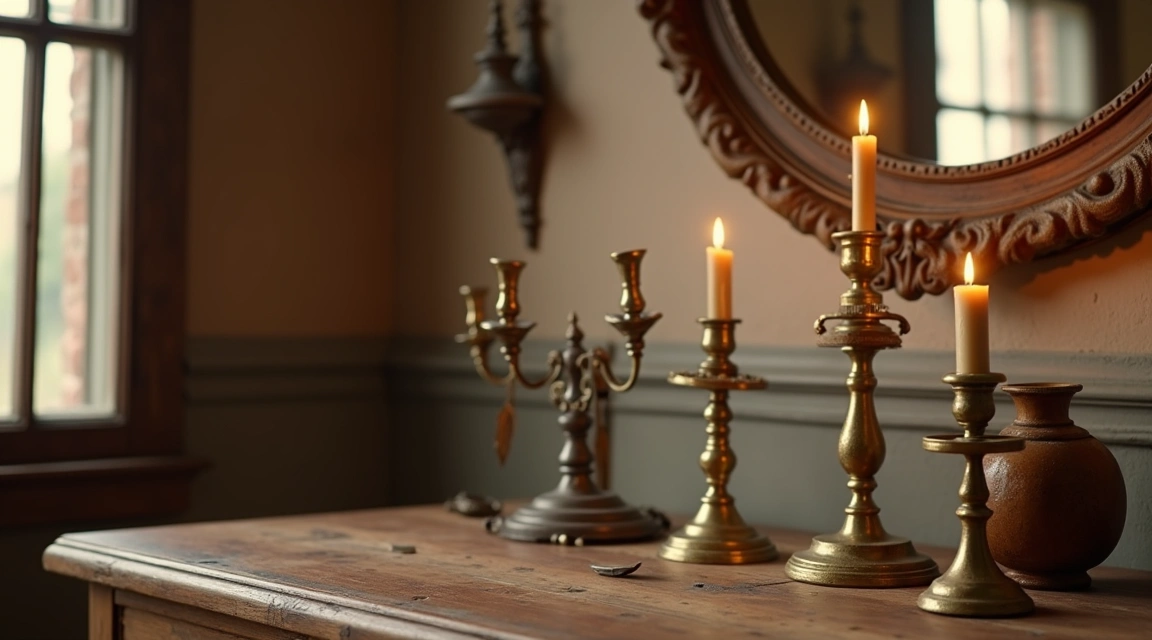 Antique brass decor in warm home interior